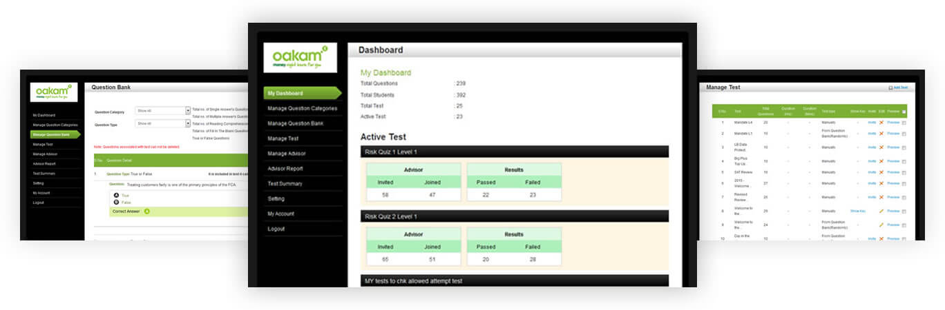 Oakam dashboard, test & question bank