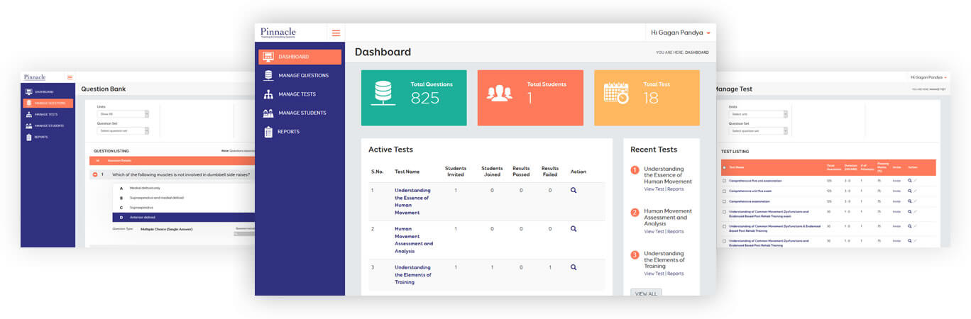 Pinnacle dashboard, tests and question bank